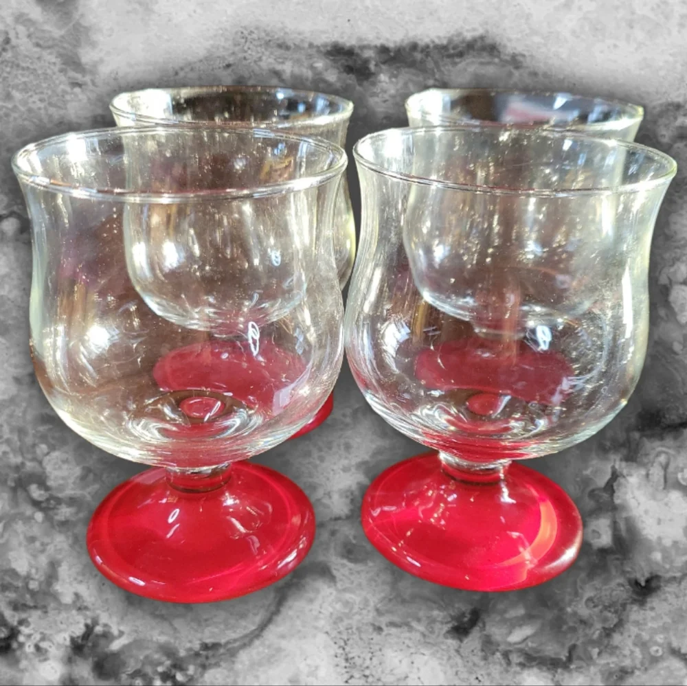 VTG ANCHOR HOCKING RED BOTTOM DESSERT WINE DRINK GLASSES GOBLETS  SET OF 4